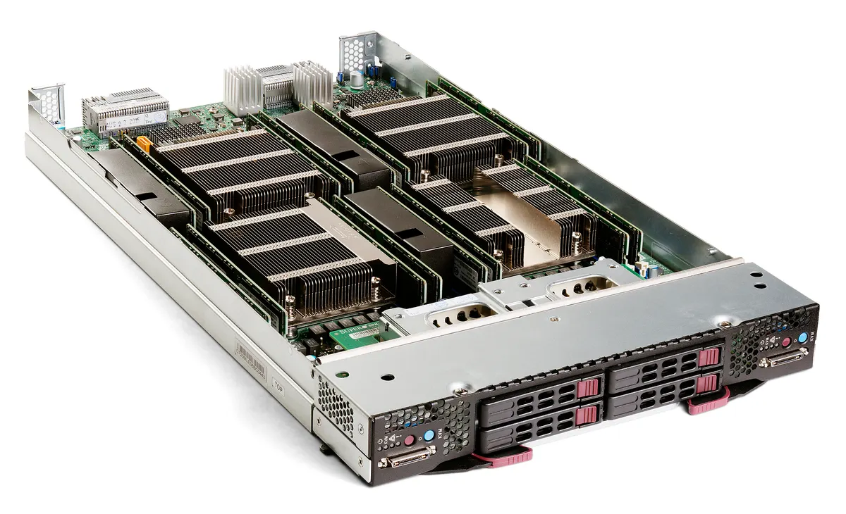 Illustrative photograph of an open server chassis showing its heat sinks and memory