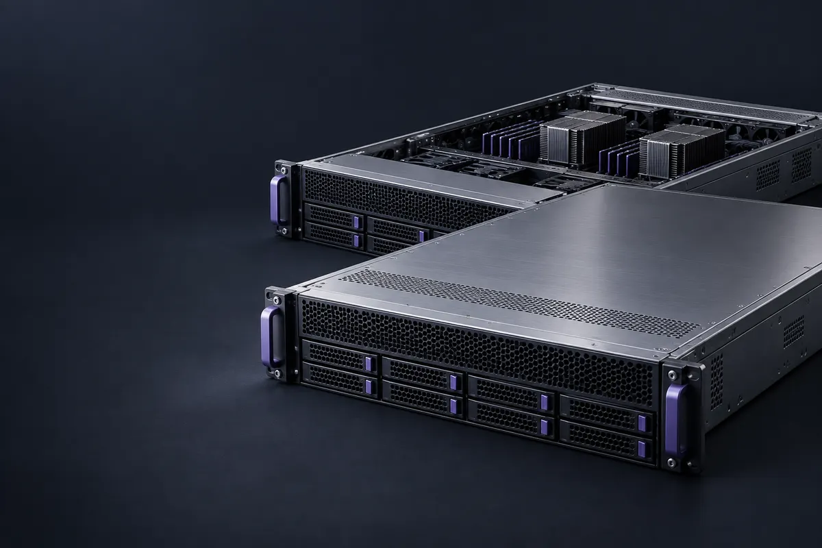 Illustration of two rack servers with silver chassis and violet handles