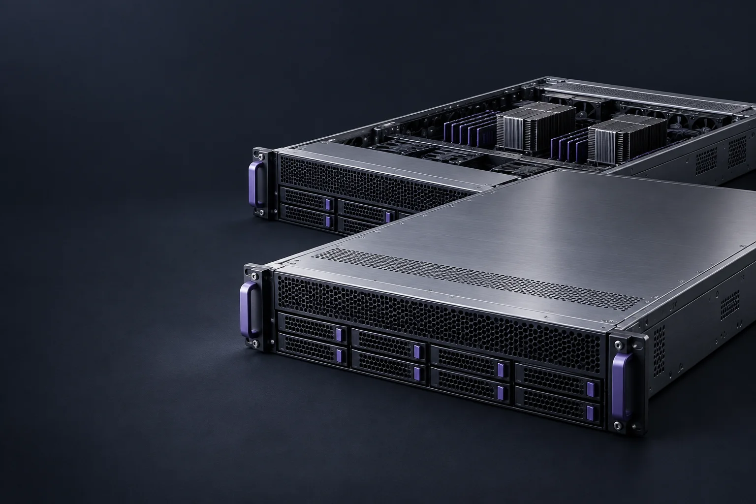 Illustration of rack servers with silver chassis and violet handles